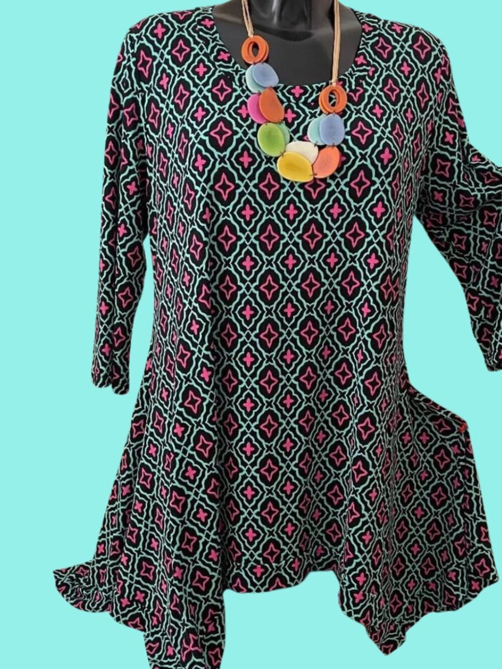 LOFT Women's Top, LARGE, pink turquoise, stretch Tunic, L